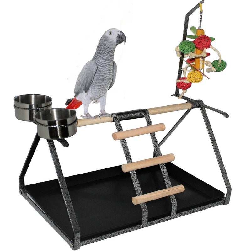 FDC Parrot Bird Perch Table Top Stand Metal Wood 2 Steel Cups Play for Medium and Large Breeds 17.5" x 12.5" x 11" - Image 1